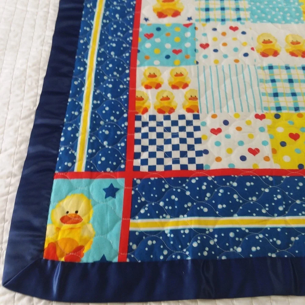 Handmade Baby Quilt Duck Patchwork Blanket Satin Trim Play Mat Blue Yellow 45x28